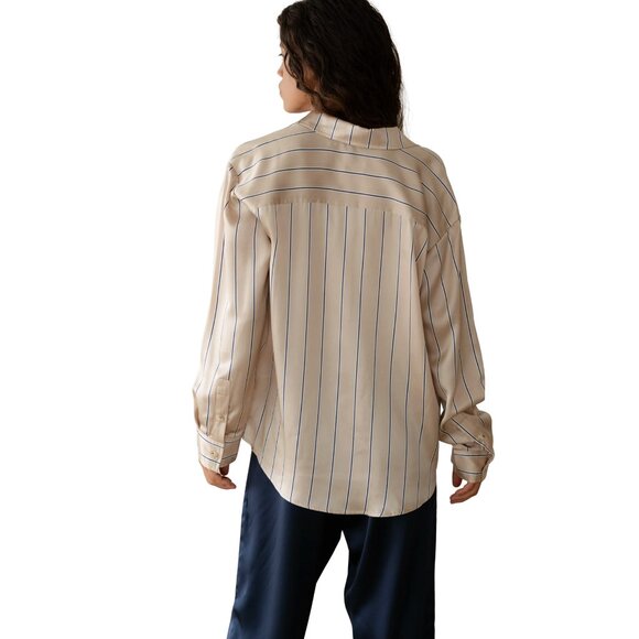 302. DONNI The Silk Pinstripe Shirt  Sand-Pinstripe $434 EUC Medium - Picture 3 of 6